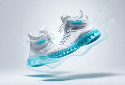 The primary subject of the image is a pair of white sneakers with blue accents. The sneakers are floating in mid-air, giving the impression of being in a water-like environment. The setting appears to be a white background, which further emphasizes the sneakers' contrast. The visual style is a combination of photo and digital art, creating a unique and eye-catching image. The colors and mood of the image are predominantly white and blue, giving it a clean and fresh appearance.