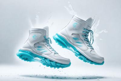 The primary subject of the image is a pair of white sneakers with blue accents. The sneakers are floating in mid-air, giving the impression of being in a water-like environment. The setting appears to be a white background, which further emphasizes the sneakers' contrast against the white surface. The visual style of the image is a combination of photo and digital art, creating a unique and eye-catching scene. The colors and mood of the image are predominantly white and blue, giving it a