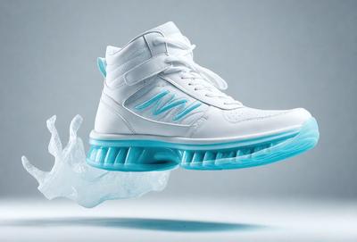 The primary subject of the image is a pair of white sneakers with blue accents. The sneakers are floating in the air, giving the impression of being weightless. The setting is a white background, which provides a clean and minimalist appearance. The visual style is a combination of photo and digital art, creating a unique and eye-catching image. The colors and mood of the image are predominantly white and blue, giving it a clean and fresh feel.