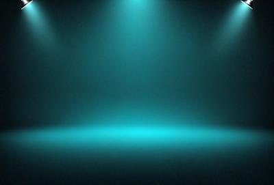 The primary subject of the image is a large, dark blue room with a blue-green hue. The setting is a stage or a room with a blue-green backdrop. The visual style is a digital art or illustration, creating a unique atmosphere. The dominant colors and overall mood are dark and moody, with a hint of a futuristic or surreal vibe.