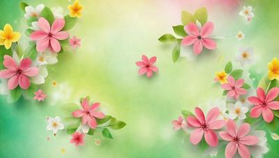 The primary subject of the image is a close-up of a pink flower. The setting is a green background, which creates a vibrant and lively atmosphere. The visual style is a combination of photo and digital art, giving the image a realistic yet artistic appearance. The dominant colors are pink and green, which evoke a sense of freshness and natural beauty.