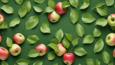 The primary subject of the image is a group of apples, which are the main objects in the scene. The apples are arranged in a visually appealing manner, with some of them hanging from the branches of a tree. The setting is a green background, which provides a natural and vibrant atmosphere. The visual style of the image is a combination of photo and digital art, creating a realistic yet artistic representation of the apples. The colors and mood of the image are predominantly green and natural, with