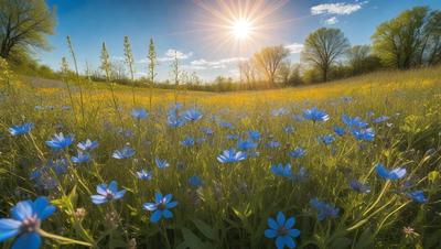 The primary subject of the image is a field filled with blue flowers, creating a vibrant and lively atmosphere. The setting is a grassy field with trees in the background, providing a natural and serene environment. The visual style of the image is a photo, capturing the beauty of the flowers and their surroundings. The colors and mood of the image are predominantly blue, with the flowers being the main focus and source of color.