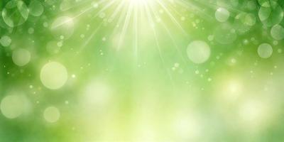The primary subject of the image is a bright, sunny, and green environment. The setting is a lush, green field with a bright sun shining through the trees. The visual style is a combination of a photo and digital art, creating a vibrant and colorful scene. The colors and mood of the image are predominantly green, with a hint of yellow, giving it a fresh and natural atmosphere.