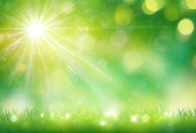 The primary subject of the image is a bright, sunny, and lush green field. The setting is a grassy area with a bright sun shining through the trees, creating a warm and inviting atmosphere. The visual style of the image is a combination of photo and digital art, with the sunlight and greenery creating a natural and vibrant scene. The colors and mood of the image are predominantly green, with the sunlight adding a touch of warmth and brightness to the overall atmosphere.