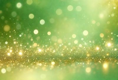 The primary subject of the image is a brightly lit green background with a pattern of yellow and gold lights. The setting appears to be a dark room, and the visual style is a combination of digital art and illustration. The dominant colors are green, yellow, and gold, creating a warm and inviting atmosphere.