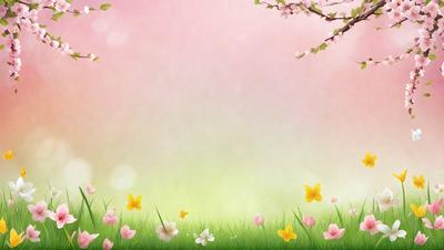 The primary subject of the image is a field of flowers, with a variety of different flowers scattered throughout the grass. The setting is a lush, green field with a pink background, creating a serene and vibrant atmosphere. The visual style is a combination of photo and digital art, with the flowers appearing to be painted on the grass. The colors and mood of the image are predominantly pink and green, evoking a sense of freshness and natural beauty.