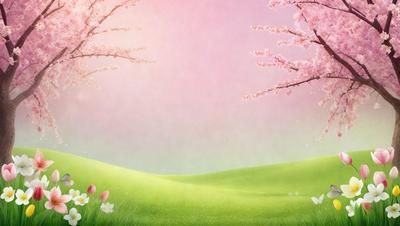 The primary subject of the image is a beautifully illustrated scene of a grassy field with a tree in the background. The setting is a lush green field, and the visual style is a combination of digital art and illustration. The colors and mood of the image are vibrant and serene, with the presence of pink flowers adding a touch of warmth and natural beauty to the scene.