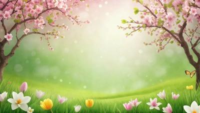 The primary subject of the image is a field of flowers, with a focus on the yellow and pink flowers. The setting is a lush green field, and the visual style is a digital art or illustration. The dominant colors in the image are yellow, pink, and green, creating a vibrant and cheerful atmosphere.
