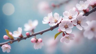 The primary subject of the image is a branch with pink flowers on it. The setting is a blue background, which adds a sense of depth and contrast to the scene. The visual style is a close-up of the branch with flowers, showcasing the details of the pink petals. The colors and mood of the image are predominantly pink, creating a warm and inviting atmosphere.