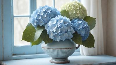 The primary subject of the image is a vase filled with blue and white flowers, placed on a window sill. The setting is a window with a blue frame, providing a natural and serene backdrop for the flowers. The visual style is a photo, capturing the beauty of the flowers and the vase. The colors and mood of the image are predominantly blue and white, creating a calming and soothing atmosphere.