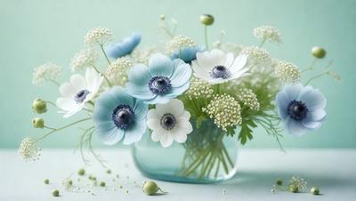 The primary subject of the image is a vase filled with a variety of flowers, including white and blue ones. The vase is placed on a table, and the flowers are arranged in a visually appealing manner. The setting appears to be a room with a green background, which adds to the overall atmosphere of the scene. The visual style of the image is a close-up of the vase and flowers, showcasing the details and colors of the flowers. The colors and mood of the image are predominantly green and