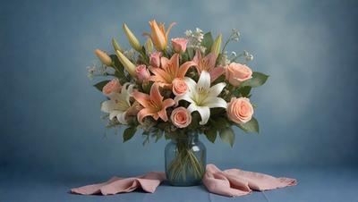 The primary subject of the image is a vase filled with a variety of flowers, including pink and white roses. The vase is placed on a table, and the flowers are arranged in a visually appealing manner. The setting is indoors, with a blue background visible in the image. The visual style is a close-up of the vase and flowers, showcasing the details and colors of the arrangement. The colors and mood of the image are predominantly pink and white, creating a warm and