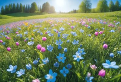 The primary subject of the image is a field of flowers, predominantly bluebells, with a few pink flowers mixed in. The setting is a lush green field, and the visual style is a photo. The colors and mood of the image are predominantly blue and green, with a touch of pink, creating a serene and peaceful atmosphere.