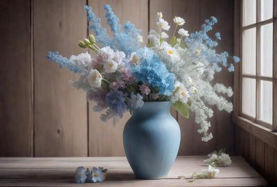 The primary subject of the image is a blue vase filled with a variety of flowers. The vase is placed on a wooden table, which serves as the setting for the scene. The visual style of the image is a close-up, showcasing the details of the flowers and the vase. The dominant colors in the image are blue and white, creating a calm and serene atmosphere.