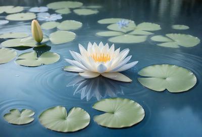 The primary subject of the image is a white flower floating on top of a body of water, surrounded by green leaves. The setting is a serene pond or lake, with the water providing a calm and peaceful backdrop. The visual style of the image is a photo, capturing the beauty of the flower and its natural environment. The colors and mood of the image are predominantly green and serene, reflecting the tranquility of the scene.