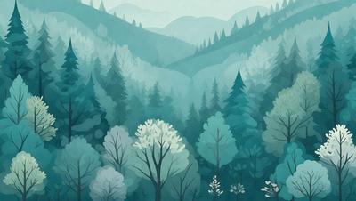 The primary subject of the image is a forest filled with trees and flowers. The setting is a lush, green environment with a mountainous background. The visual style is a combination of digital art and illustration, creating a vibrant and colorful scene. The dominant colors are shades of green, blue, and white, giving the image a serene and peaceful atmosphere.