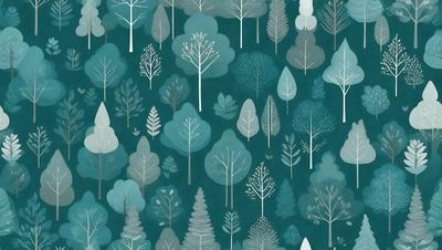 The primary subject of the image is a pattern of trees, which are depicted in various shades of blue and green. The setting is a blue background, and the visual style is a combination of digital art and illustration. The overall atmosphere is calm and serene, with the trees creating a sense of tranquility.