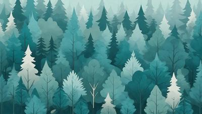The primary subject of the image is a forest scene with a focus on the trees. The setting is a lush, green forest with a blue hue, giving it a serene and peaceful atmosphere. The visual style is a combination of digital art and illustration, creating a detailed and realistic representation of the forest. The dominant colors are blue and green, which contribute to the overall mood of the scene.