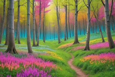 The primary subject of the image is a path surrounded by a vibrant and colorful forest. The setting is a lush green hillside with trees and flowers, creating a serene and picturesque environment. The visual style of the image is a combination of photo and digital art, resulting in a unique and captivating scene. The dominant colors in the image are pink, yellow, blue, and green, creating a cheerful and lively atmosphere.