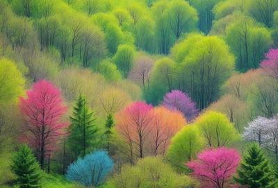 The primary subject of the image is a lush, colorful forest filled with trees of various colors. The setting is a green hillside with a vibrant, colorful landscape. The visual style is a combination of photo and digital art, creating a unique and captivating scene. The dominant colors in the image are pink, green, and blue, giving the forest a vibrant and lively atmosphere.