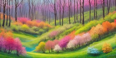 The primary subject of the image is a lush, colorful hillside filled with trees and flowers. The hillside is covered in a variety of vibrant colors, including pink, yellow, and orange. The setting is a serene, natural environment with trees and flowers scattered throughout the landscape. The visual style of the image is a painting, which adds to the overall atmosphere of the scene. The colors and mood of the image are bright, cheerful, and inviting, making it a beautiful and uplifting scene.