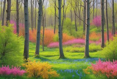 The primary subject of the image is a lush, colorful forest filled with trees and flowers. The setting is a serene, natural environment with a variety of trees and flowers, creating a vibrant and lively atmosphere. The visual style of the image is a combination of photo and digital art, resulting in a beautiful and realistic representation of the forest. The dominant colors in the image are a mix of pink, yellow, and green, creating a warm and inviting mood.