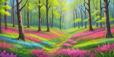 The primary subject of the image is a path surrounded by a forest of trees. The setting is a lush green forest with a variety of trees, including pine trees. The visual style is a painting, which gives the scene a vibrant and colorful appearance. The dominant colors are green, pink, and blue, creating a serene and inviting atmosphere.