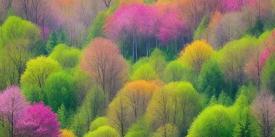 The primary subject of the image is a forest filled with trees of various colors, including pink, yellow, and green. The setting is a lush, vibrant landscape with a mix of trees and flowers. The visual style is a combination of photo and digital art, creating a vivid and colorful scene. The dominant colors and overall atmosphere are bright, cheerful, and full of life, reflecting the beauty of nature.