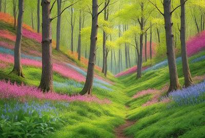 The primary subject of the image is a pathway surrounded by a lush green forest filled with colorful flowers. The setting is a serene, natural environment with trees and flowers lining the path. The visual style is a combination of photo and digital art, creating a vibrant and lively atmosphere. The dominant colors are green, pink, and yellow, with the flowers adding a splash of color to the scene. The overall mood is one of tranquility and beauty, inviting viewers to explore the path and