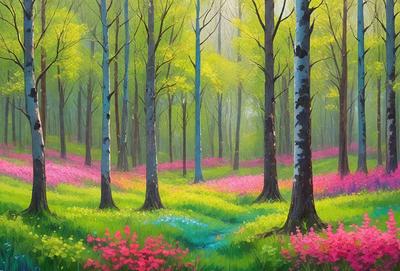 The primary subject of the image is a forest filled with trees and flowers. The setting is a lush green forest with a pathway leading through it. The visual style is a painting, which creates a vibrant and colorful atmosphere. The dominant colors are green, pink, and blue, which contribute to the overall mood of the scene.