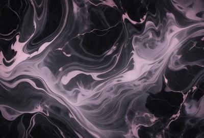 The primary subject of the image is a marble countertop with a pink and black pattern. The setting is a kitchen, and the visual style is a close-up of the marble countertop. The dominant colors are pink and black, creating a visually striking and elegant atmosphere.