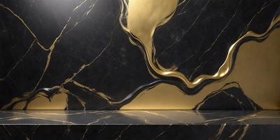 The primary subject of the image is a marble countertop with a gold design. The setting is a kitchen, and the visual style is a photo. The countertop has a black and gold marble design, giving it a luxurious and elegant appearance. The overall atmosphere is sophisticated and stylish.
