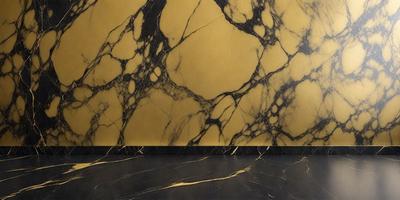 The primary subject of the image is a marble wall with a yellow background. The setting is a room with a black floor. The visual style is a photo, and the colors and mood are warm and inviting.