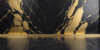 The primary subject of the image is a marble wall with a gold border. The setting is a room with a black and gold marble wall, which creates a luxurious and elegant atmosphere. The visual style is a close-up of the marble wall, showcasing its intricate details and textures. The colors and mood of the image are predominantly black and gold, giving it a sophisticated and timeless appearance.
