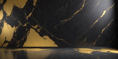 The primary subject of the image is a marble countertop with a gold-colored marble finish. The setting is a room with a black background, which contrasts with the gold marble. The visual style is a painting, which gives the image a unique and artistic appearance. The colors and mood of the image are predominantly black and gold, creating a luxurious and elegant atmosphere.