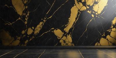 The primary subject of the image is a marble wall with a gold and black pattern. The setting is a room with a black and gold marble wall, which serves as the background. The visual style is a combination of digital art and illustration, creating a unique and eye-catching design. The dominant colors are gold and black, giving the wall a luxurious and elegant appearance.