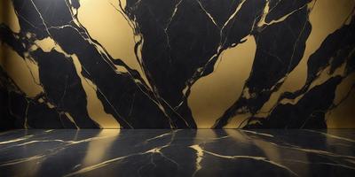 The primary subject of the image is a marble wall with a gold pattern. The setting is a room with a black countertop. The visual style is a photo of the marble wall with gold accents. The dominant colors are black and gold, creating a luxurious and elegant atmosphere.