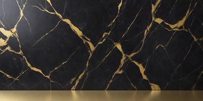 The primary subject of the image is a marble wall with a gold pattern. The setting is a room with a black background. The visual style is a close-up of the marble wall, showcasing the gold pattern. The colors and mood of the image are predominantly black and gold, creating a luxurious and elegant atmosphere.