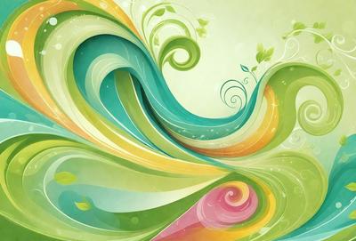 The primary subject of the image is a colorful, swirling wave with green, blue, and yellow colors. The wave is depicted in a digital art style, giving it a vibrant and lively appearance. The setting is a green and blue background, which complements the wave's colors and adds to the overall atmosphere of the image.