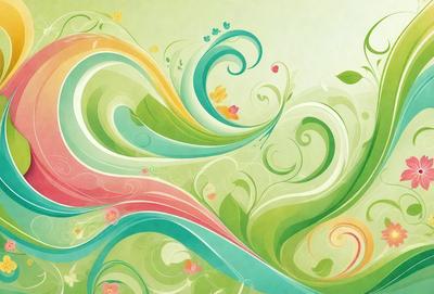 The primary subject of the image is a colorful, flowery design that resembles a painting or a digital artwork. The setting is a green background, which adds a vibrant and lively atmosphere to the scene. The visual style is a combination of digital art and illustration, creating a unique and eye-catching design. The colors are predominantly green, pink, and blue, which contribute to the overall mood of the image, making it feel fresh, lively, and cheerful.
