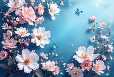 The primary subject of the image is a beautiful bouquet of pink flowers. The flowers are arranged in a visually appealing manner, creating a sense of harmony and elegance. The setting is a blue background, which adds a touch of serenity and tranquility to the scene. The visual style of the image is a combination of photo and digital art, resulting in a high-quality, detailed, and vibrant representation of the flowers. The colors and mood of the image are predominantly pink, which