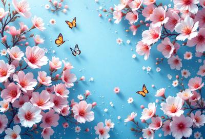 The primary subject of the image is a beautifully illustrated scene featuring a blue background with a variety of pink flowers. The flowers are scattered throughout the scene, creating a vibrant and lively atmosphere. The setting is a garden, with a few butterflies flying around, adding a sense of movement and life to the image. The visual style is a combination of digital art and illustration, creating a captivating and artistic representation of the garden scene. The colors and mood are predominantly pink and blue,