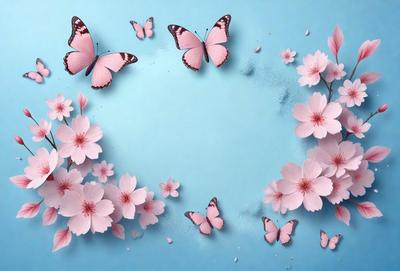 The primary subject of the image is a group of butterflies flying around a circle of flowers. The setting is a blue background, and the visual style appears to be a digital art or illustration. The colors in the image are predominantly pink, which gives the scene a warm and inviting atmosphere.