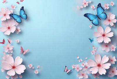The primary subject of the image is a blue background with a variety of pink and white flowers. The setting is a blue wall, and the visual style is a digital art or illustration. The dominant colors are blue, pink, and white, creating a calm and serene atmosphere.