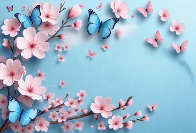 The primary subject of the image is a beautifully illustrated scene featuring a branch with pink flowers and blue butterflies. The setting is a blue background, which adds a sense of depth and contrast to the scene. The visual style is a combination of digital art and illustration, creating a vibrant and lively atmosphere. The dominant colors are pink and blue, which evoke feelings of warmth, tranquility, and natural beauty.