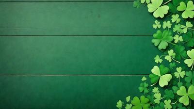 The primary subject of the image is a green wooden surface with a shamrock design. The setting is a green background, and the visual style is a photo. The dominant colors are green and white, creating a lively and cheerful atmosphere.