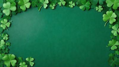 The primary subject of the image is a green background with a pattern of four-leaf clovers. The setting is a green surface, possibly a table or a wall, with the clovers arranged in a visually appealing manner. The visual style is a combination of a photo and digital art, creating a unique and eye-catching design. The colors and mood of the image are predominantly green, with the four-leaf clovers adding a touch of vibrancy and playfulness to the overall atmosphere.