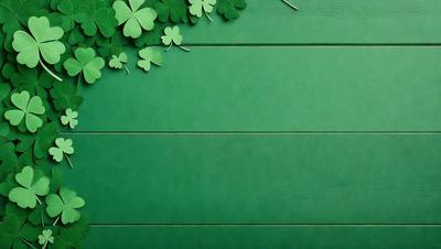 The primary subject of the image is a green wall with a pattern of shamrocks, which are four-leaf clovers. The setting is a green room, and the visual style is a photo. The dominant colors are green and white, creating a calm and soothing atmosphere.