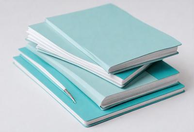 The primary subject of the image is a stack of three notebooks, with one of them being a blue notebook. The setting is a white surface, and the visual style appears to be a photo. The colors and mood of the image are predominantly blue, creating a calm and organized atmosphere.